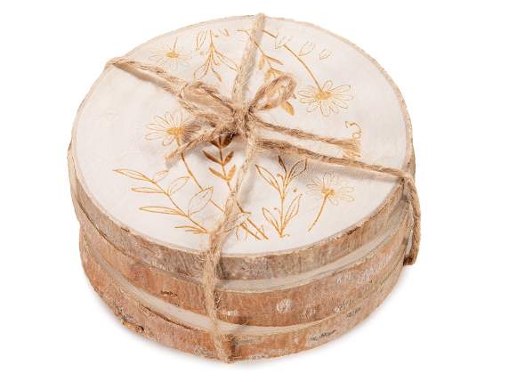 Set 4 sottobicchieri in legno naturale con erbe incise