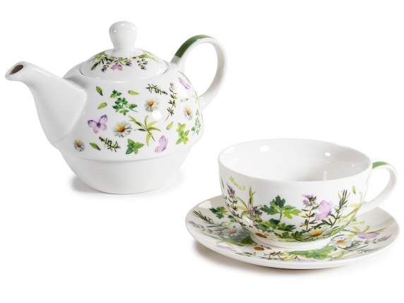 Set tazza, teiera e piattino in porcellana decorata con erbe