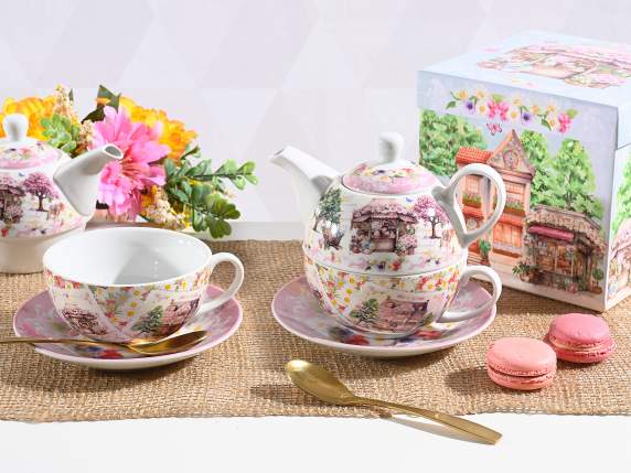 Set tazza, teiera e piattino in porcellana decori primavera