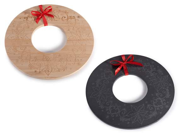 Tagliere a ghirlanda in legno - ardesia con fiocco rosso