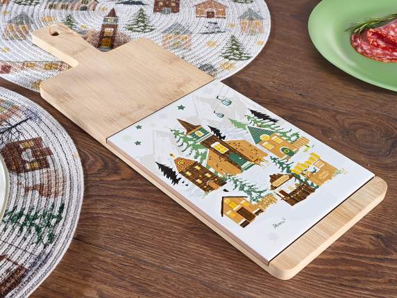 Tagliere in legno e ceramica villaggio natalizio con cordino
