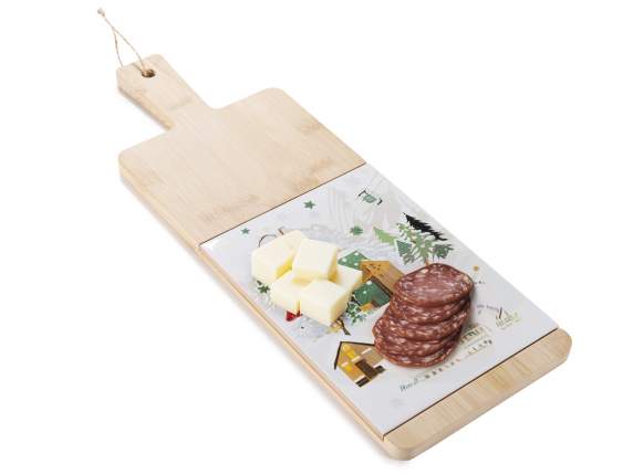 Tagliere in legno e ceramica villaggio natalizio con cordino