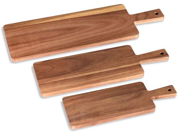 Set 3 taglieri in legno di acacia con manico con foro