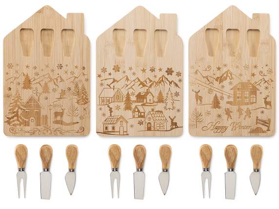 Set formaggio con tagliere natalizio in legno e 3 coltelli