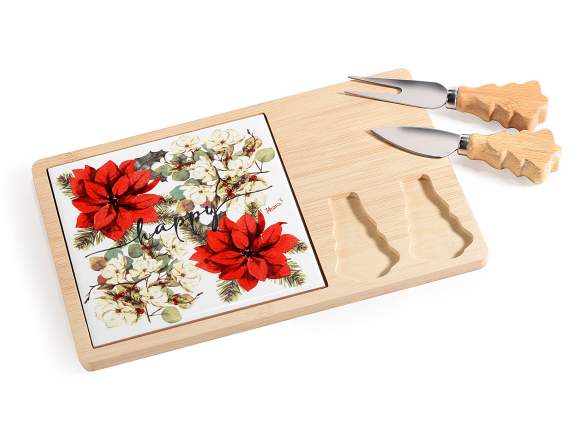 Set tagliere in legno e ceramica decorata con 2 posate