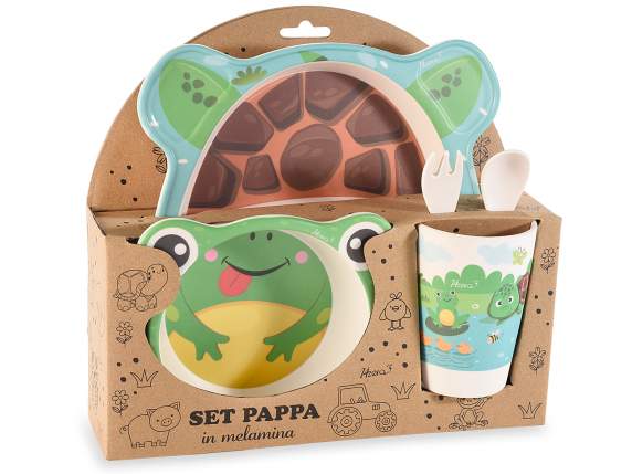 Set pappa in melamina 5pz ,piatto,bicchiere, fondo, 2 posate