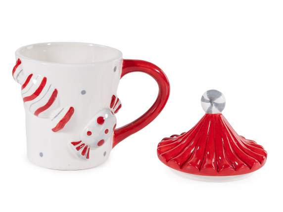 Tazza ceramica 400 ml decori in rilievo e coperchio sagomato