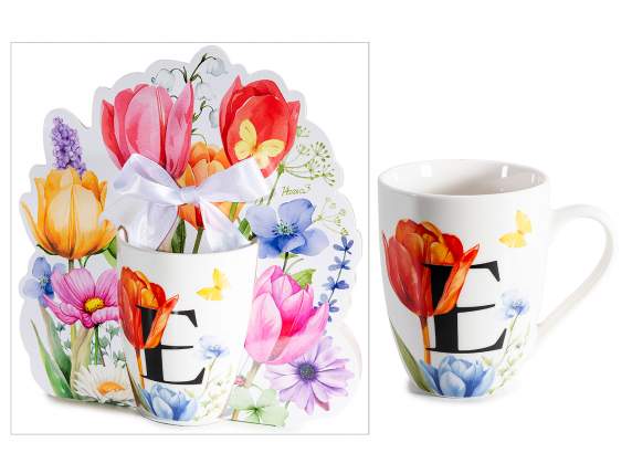 Tazza in porcellana 300ml con stampa floreale e lettera E