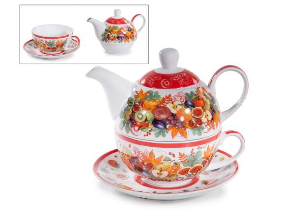Set tazza e teiera porcellana foglie e frutti con piattino