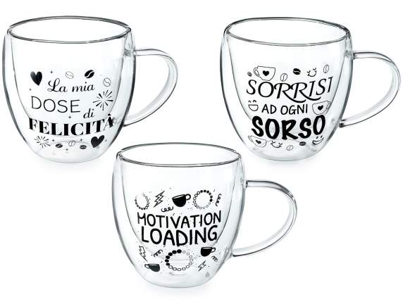 Tazza in vetro 200ml con doppio fondo e scritte decorative