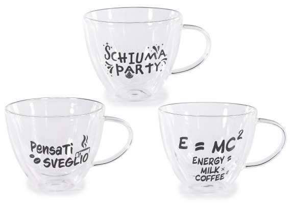 Tazza in vetro 300 ml con doppio fondo e scritte