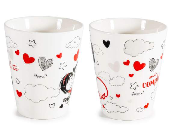 Set 2 tazze 300ml e cucchiaini in porcellana e vassoio legno