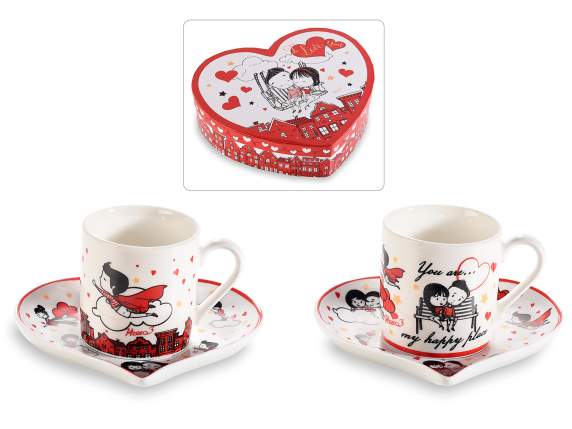 Conf. regalo 2 tazzine 90ml e piattini a cuore in porcellana
