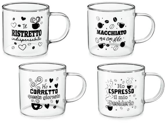 Tazza da caffè in vetro 200 ml con manico e scritte
