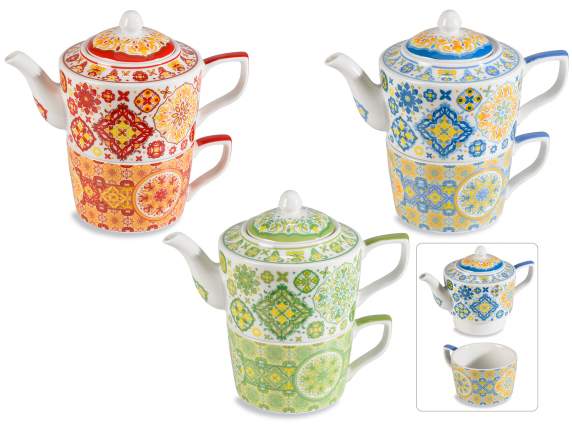 Set tazza e teiera in porcellana Maiolica Geometrica