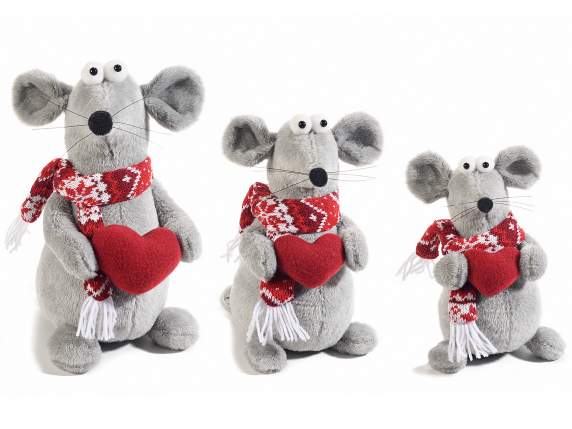 Set 3 topolini in peluche con sciarpa e cuore da appoggiare