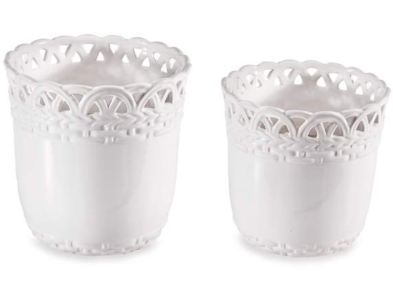 Set 2 vasi in ceramica lucida con bordo decorato