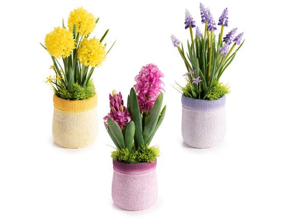 Vaso colorato effetto juta con fiori artificiali