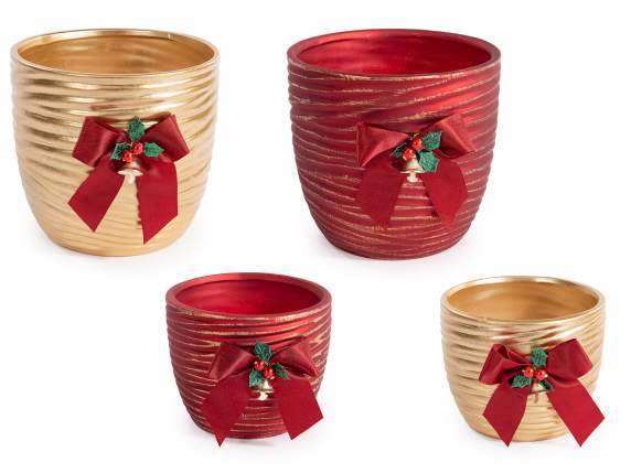 Set 2 vasi in ceramica con decoro natalizio e fiocco