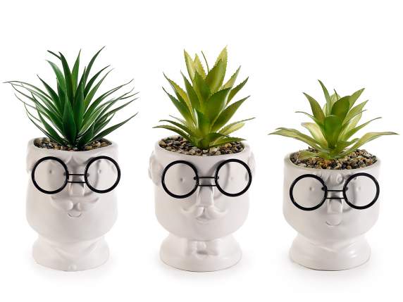 Set 3 vasi ceramica viso con occhiali con pianta artificiale