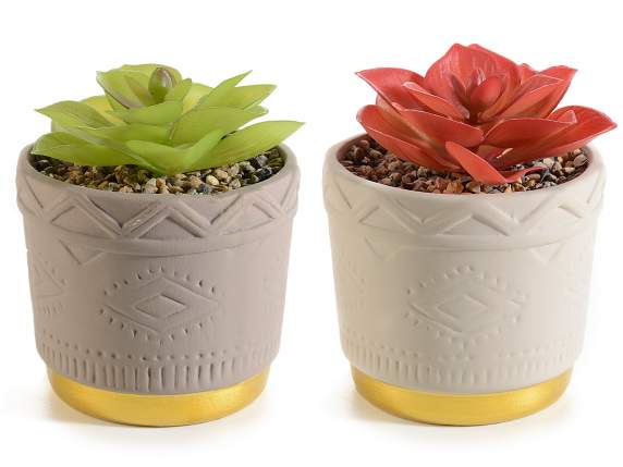 Vasetto ceramica lavorata base dorata e pianta artificiale