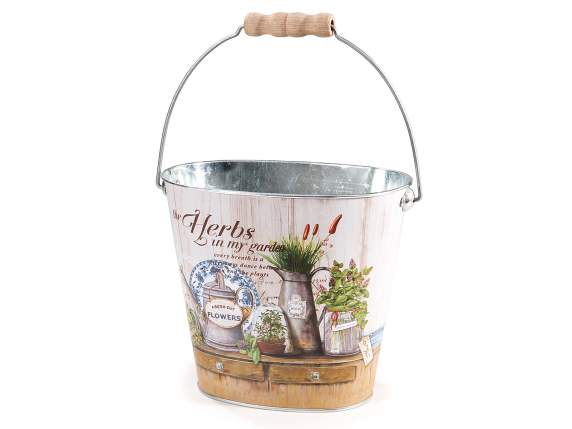 Vaso in metallo a secchiello con decori erbe e spezie