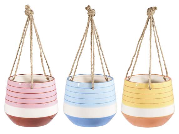 Vaso colorato in ceramica con corda da appendere