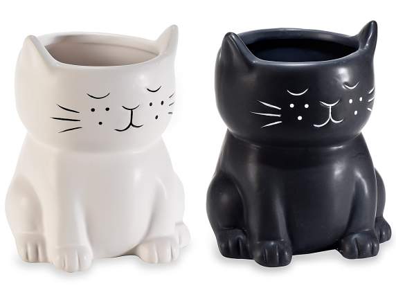 Vaso a gatto in ceramica con dettagli muso incisi e orecchie