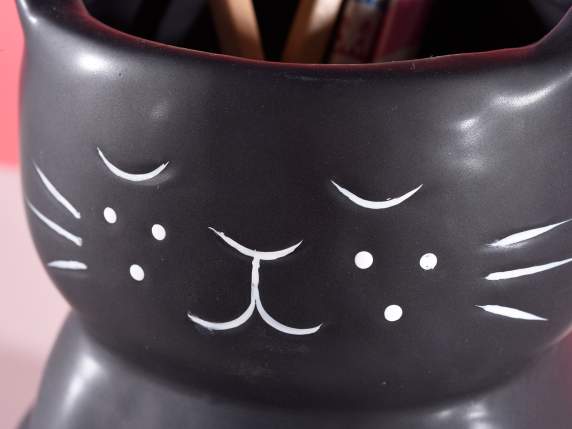 Vaso a gatto in ceramica con dettagli muso incisi e orecchie