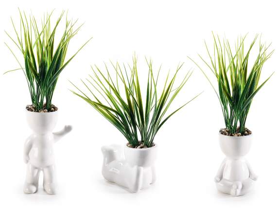 Vasetto in ceramica ad omino con erba artificiale
