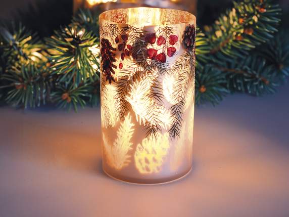 Portacandela Vaso in vetro effetto frosted con decori pino