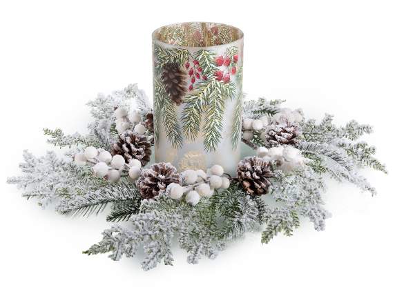 Set centrotavola vaso portacandela in vetro con ghirlanda
