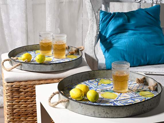 Set 2 vassoi tondi limoni in legno metallo con manici corda