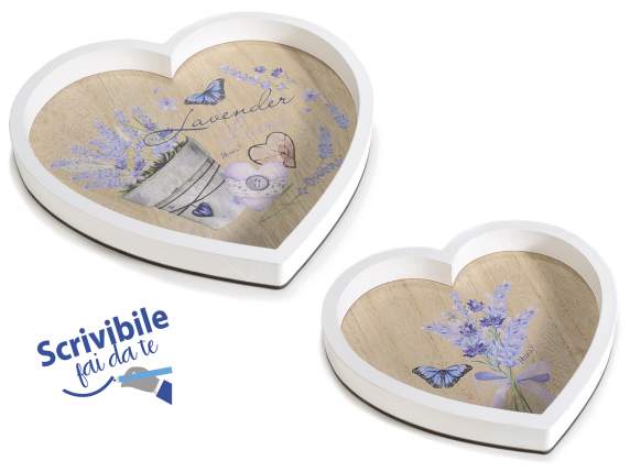 Set 2 vassoi a cuore in legno con decoro lavanda