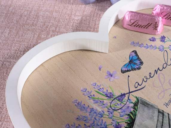 Set 2 vassoi a cuore in legno con decoro lavanda