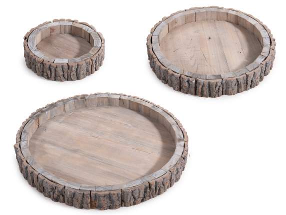 Set 3 vassoi rotondi in legno con bordo in corteccia