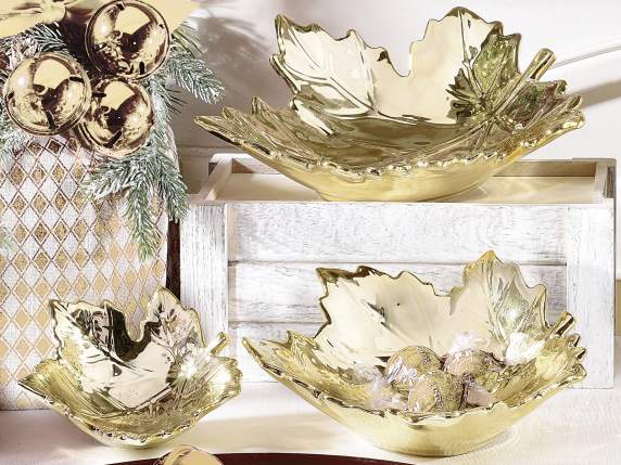 Set 3 vassoi decorativi foglia in ceramica simil oro lucido