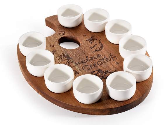 Set aperitivo 10 coppette porcellana su vassoio legno acacia