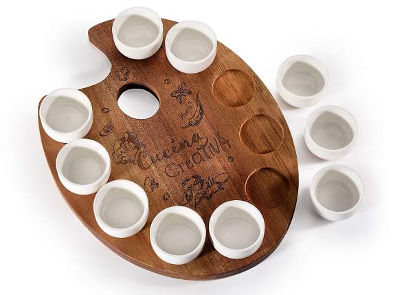 Set aperitivo 10 coppette porcellana su vassoio legno acacia
