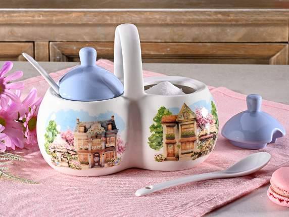 Doppia zuccheriera ceramica decorata con cucchiani e manico