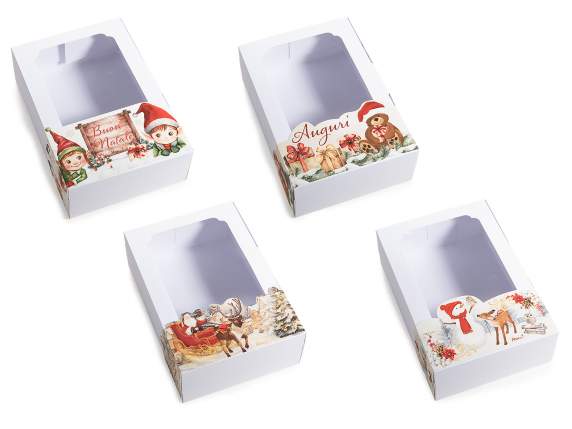 Caja de papel blanca con ventana y tarjeta navideña.