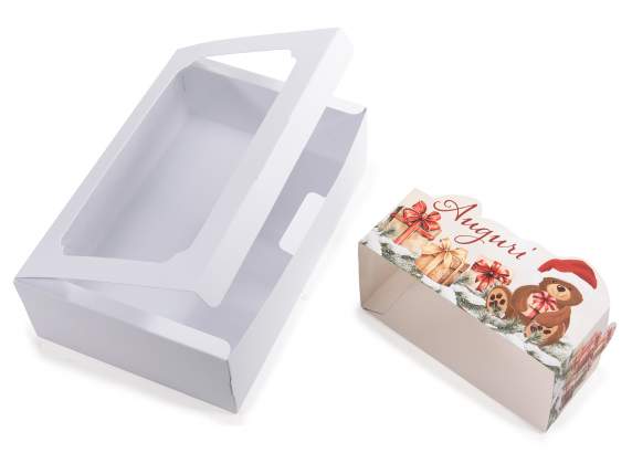 Caja de papel blanca con ventana y tarjeta navideña.