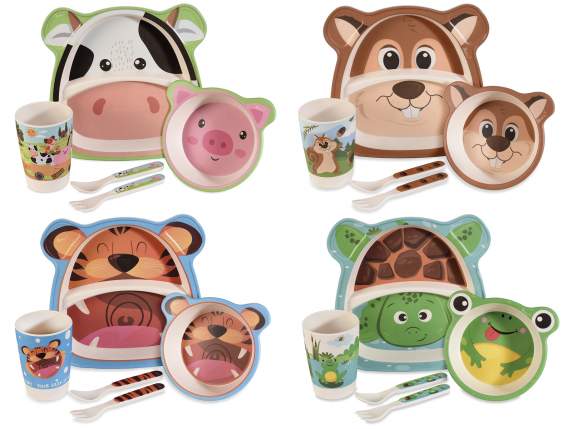Coffret repas bébé en mélamine avec 2 assiettes, 2 couverts