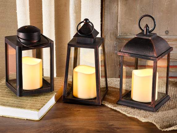 Lanterne effet métal avec flamme LED et bougie électronique