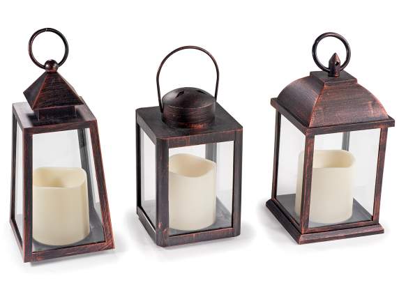 Lanterne effet métal avec flamme LED et bougie électronique