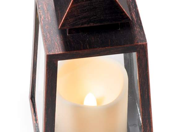 Lanterne effet métal avec flamme LED et bougie électronique