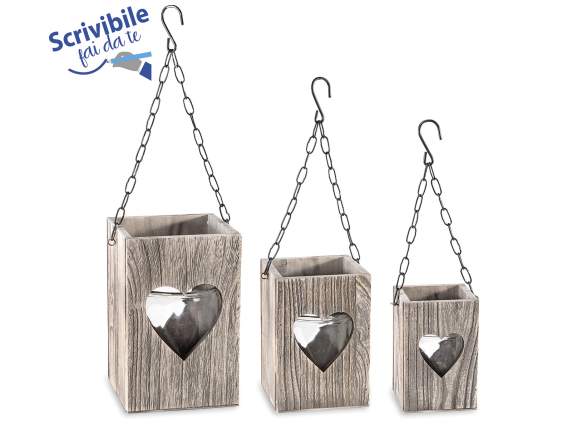 Lot de 3 lanternes en métal et bois avec pot en verre