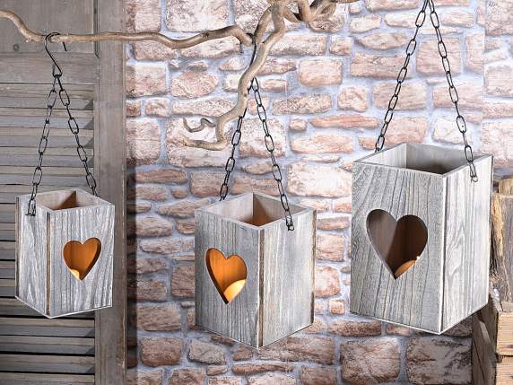 Lot de 3 lanternes en métal et bois avec pot en verre