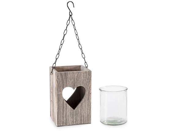 Lot de 3 lanternes en métal et bois avec pot en verre