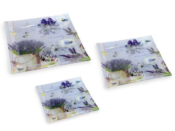 Set 3 square decorated glass plates Lavender